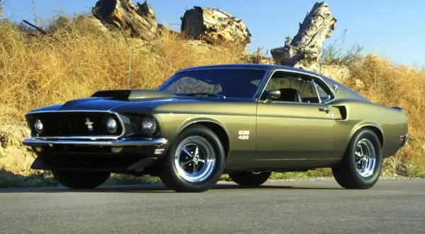 Ein goldener amerikanischer Oldtimer, ein Ford Mustang Boss 429, steht vor einer trockenen, grasbewachsenen Böschung mit Baumstämmen.