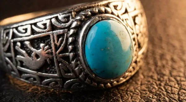 Srebrny pierścień z turkusowym kamieniem, który według legend posiada turkus właściwości magiczne.