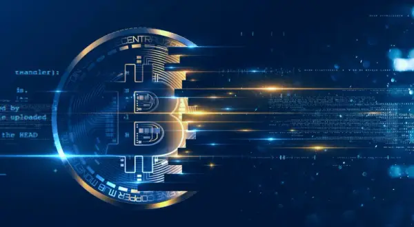 Cyfrowy Bitcoin rozpadający się na kod, symbolizujący przyszłość płatności, gdzie można płacić bitcoinem.