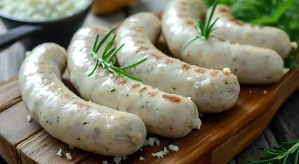 Gotowa biała kiełbasa surowa, grillowana na desce z rozmarynem. Idealna do gotowania, by cieszyć się jej smakiem.