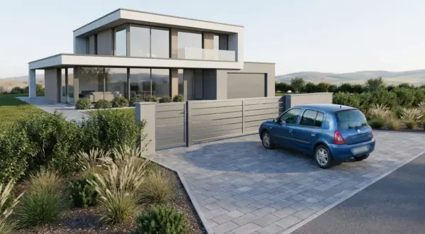 Une voiture bleue est garée devant une maison moderne. L'allée pavée et le portail suggèrent un endroit sûr où garer sa voiture plus de 7 jours.
