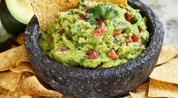 En skål med krämig guacamole, perfekt för ditt nästa guacamole recept. Serveras med tortillachips och en halv avokado i bakgrunden.