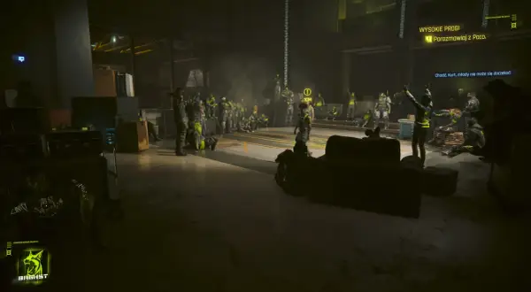 Wysokie progi cyberpunk: grupa ludzi w neonowych strojach czeka na rozmowę z Paco.
