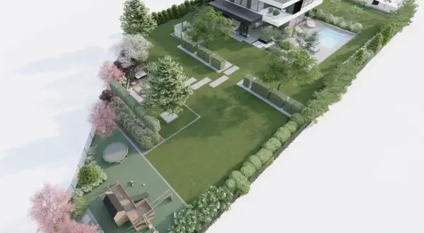 Nowoczesny dom z basenem i placem zabaw, otoczony bujną zielenią. Projekt ogrodu uwzględnia prawo budowlane i tworzy idealne tereny zielone.