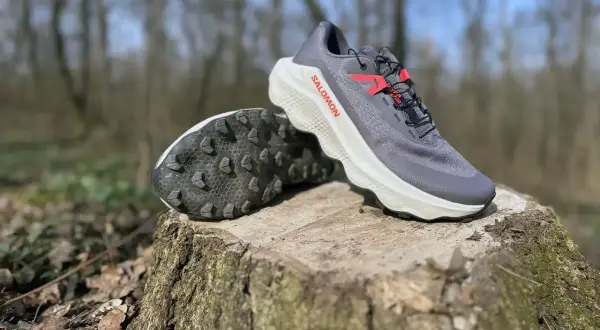 Szare buty trailowe Salomon Ultra Glide 3 z czerwonymi akcentami stoją na pniu drzewa w lesie.