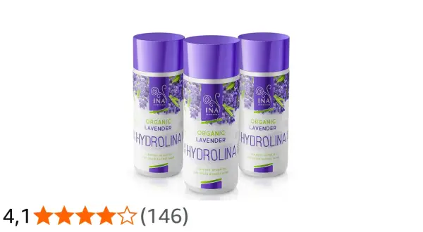 Trzy butelki hydroliny lawendowej INA Essentials z motywem lawendy. Produkt oczyszcza, nawilża i pomaga zwalczać trądzik.