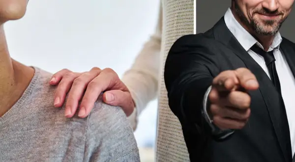 En hand vilar tröstande på en axel, medan en man i kostym pekar anklagande. En bild av att leva med en psykopat.