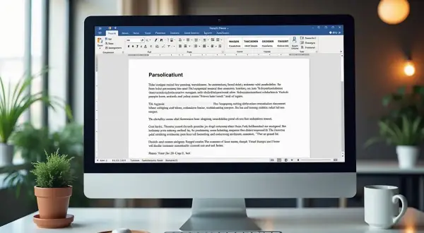 Komputer wyświetla dokument Word, pokazując, jak zrobić akapit. Widać pasek narzędzi i tekst.