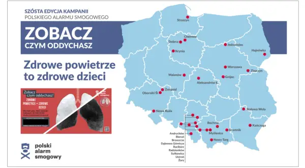 Mapa Polski z zaznaczonymi miastami, gdzie jest smog. Kampania "Polski Alarm Smogowy" pokazuje, gdzie oddychamy zanieczyszczonym powietrzem.