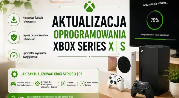 Grafika przedstawia konsole Xbox Series X i S, kontrolery oraz ekran z postępem aktualizacji oprogramowania.