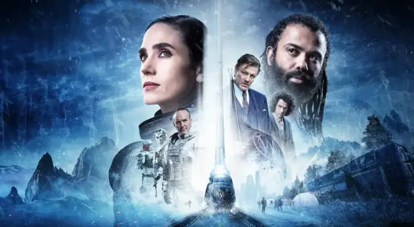 Postapokaliptyczny świat i pociąg-miasto w filmach sf. Jennifer Connelly, Sean Bean i Daveed Diggs w mroźnej scenerii.