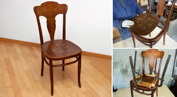 Parti di una sedia in legno con intarsi floreali. Una seduta viene rimossa, un'altra è fissata con morsetti.