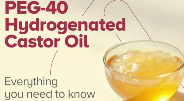 Tekst "PEG-40 Hydrogenated Castor Oil" nad miseczką z żółtym żelem. Dowiedz się wszystkiego o tym składniku.