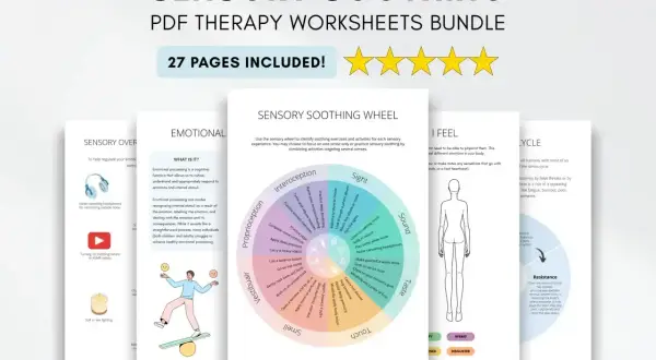 Zestaw arkuszy terapeutycznych "Sensory Soothing" pomaga zrozumieć i radzić sobie z różnymi stopniami autyzmu, oferując ćwiczenia sensoryczne.