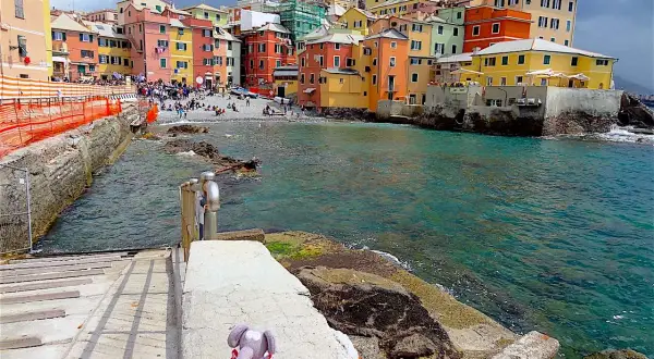 Une peluche attend sur les marches menant à la mer turquoise. Les maisons colorées de Boccadasse invitent à découvrir que faire à Gênes.