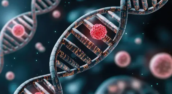 Molekularny obraz DNA z czerwoną, kulistą strukturą, sugerującą mutację lub komórkę rakową, rodzi pytanie: czy rak jest dziedziczny?