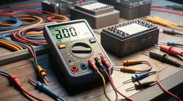 Multimetr pokazuje 3.00V. Widać przewody i elementy elektroniczne, jak wygląda włączony bezpiecznik.
