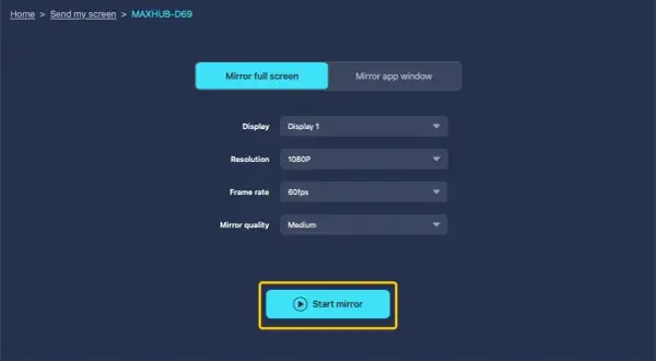 PigeonCast app settings for how to AirPlay from Mac to TV. Choose display, resolution, frame rate, and mirror quality before starting.