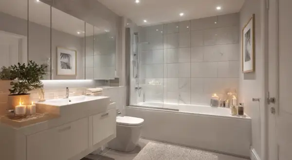 Entspannende bad beleuchtung ideen: Kerzenlicht und dezente Spots schaffen eine Wohlfühlatmosphäre im modernen Badezimmer mit Dusche und Wanne.