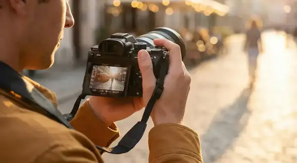Mężczyzna w brązowej kurtce trzyma aparat, fotografując ulicę. Różne rodzaje fotografii, od ulicznej po portretową, można uchwycić tym sprzętem.