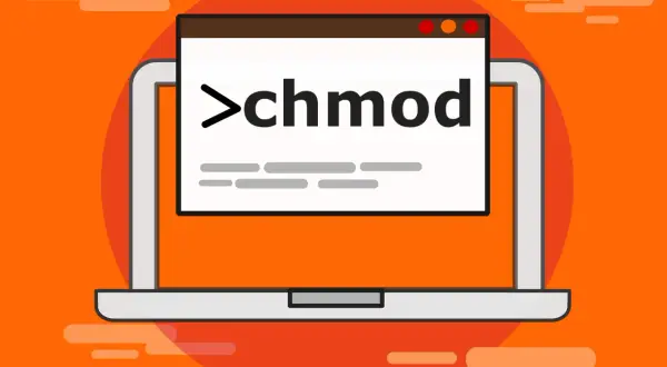 Laptop z otwartym terminalem, na którym widać komendę `chmod`. To narzędzie pozwala zarządzać uprawnieniami plików, niczym korzeń drzewa kontrolujący swoje gałęzie.