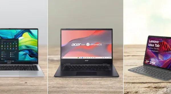 Comparativa: Chromebook vs Windows. Tres dispositivos: un portátil con Windows, un Chromebook Acer y una tablet Lenovo Idea Tab con teclado.