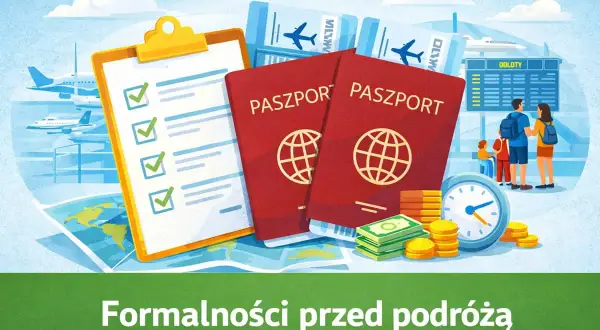 Paszporty, bilety i lista kontrolna do podróży po strefie Schengen. Rodzina czeka na lotnisku, obok zegar i pieniądze.