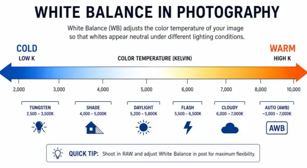 Diagram showing the Kelvin scale for white balance in photography, from cold to warm, with examples like tungsten, daylight, and cloudy.