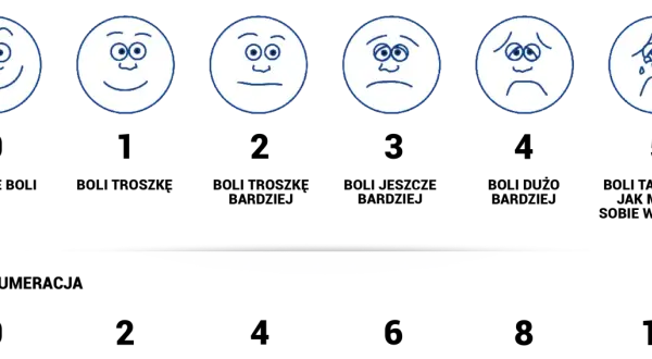 Sześć buziek na skali emocji: od uśmiechniętej po zapłakaną.