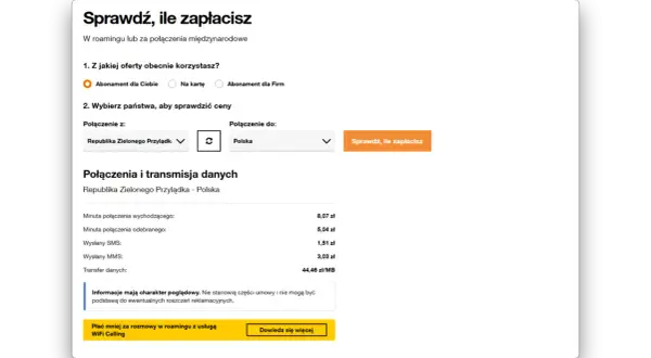 Kalkulator kosztów połączeń z Republiki Zielonego Przylądka do Polski. Sprawdź ceny za roaming poza UE.