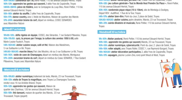 Programme de la semaine bleue à Troyes : ateliers numériques, cuisine, danse, randonnée, et bien plus encore pour tous.