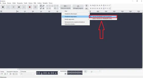 Audacity po polsku: wybór urządzenia nagrywającego - Głośniki (Realtek Audio) (loopback).