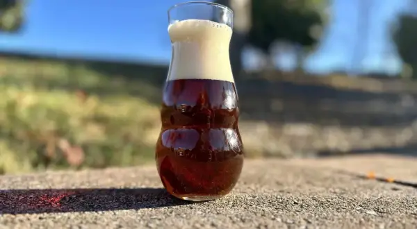 Szklanka z pianką, w środku bursztynowe piwo amber ale, odbijające domki.