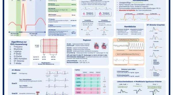 EKG-Schema erklärt Herzinfarkt-Anzeichen: ST-Strecken-Veränderungen wie bei STEMI, Perikarditis oder Tachykardien.