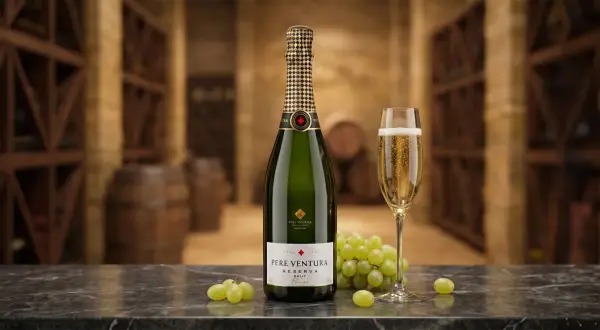 Butelka wina musującego Pere Ventura Reserva Brut, kieliszek pełen bąbelków i winogrona na tle piwniczki z beczkami.