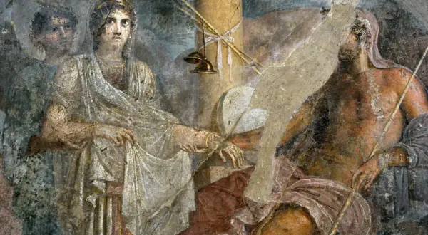 Fresque romaine : Héra, déesse du mariage et de la famille, est représentée avec un homme barbu. Un jeune homme se tient derrière elle.