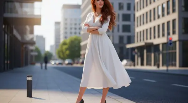 Elegancka kobieta w białej sukience i czarnych butach na obcasie stoi na chodniku w mieście.