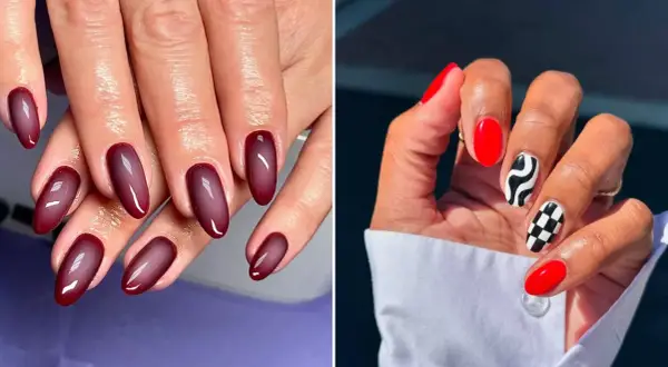 Deux styles de mains : d'un côté, des ongles bordeaux dégradé, de l'autre, des ongles rouges vifs avec des motifs noir et blanc. Chic ongle rouge deco.