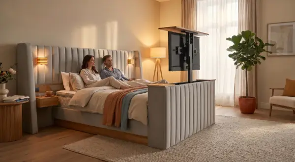 Ein Paar entspannt im Bett, während ein **Fernseher im Schlafzimmer** aus einem Bettgestell fährt.