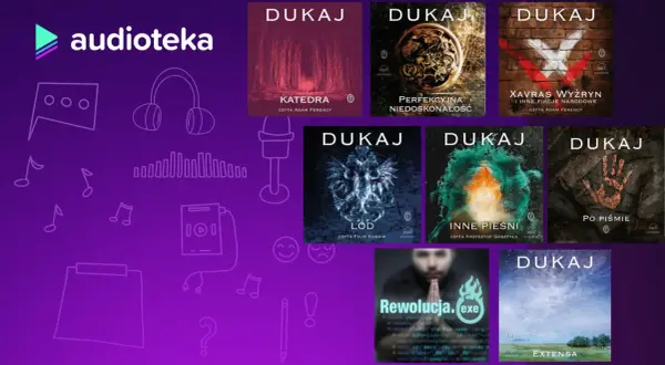 Okładki audiobooków Dukaja, w tym "Perfekcyjna niedoskonałość", na tle fioletowej grafiki z ikonami muzycznymi i słuchawkami.