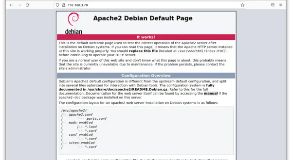 Page d'accueil par défaut d'Apache2 sur Debian, confirmant l'installation réussie. Le serveur est prêt.