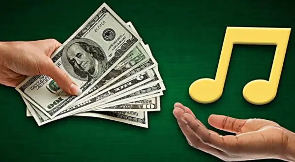 Hands exchange money for a musical note, symbolizing music funding.