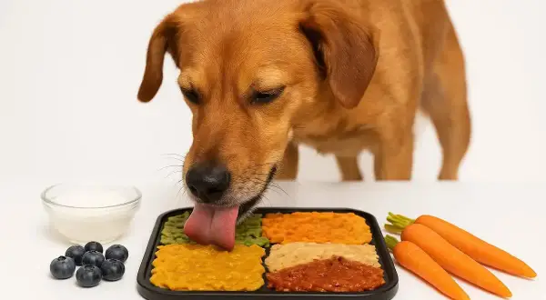 Brauner Hund schleckt von einer Schleckmatte mit verschiedenen Pürees. Daneben Blaubeeren, Joghurt und Karotten. Perfekt zum Einfrieren!