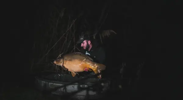 Wędkarz z dumą prezentuje ogromnego karpia, którego udało mu się złowić nocą. To niezapomniane chwile, kiedy biorą ryby.