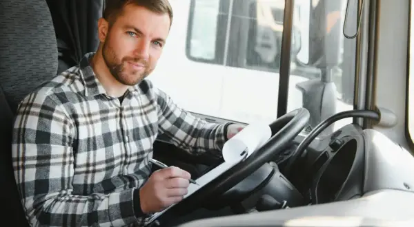 Un chauffeur poids lourd, chemise à carreaux, rédige sa lettre de motivation dans la cabine.
