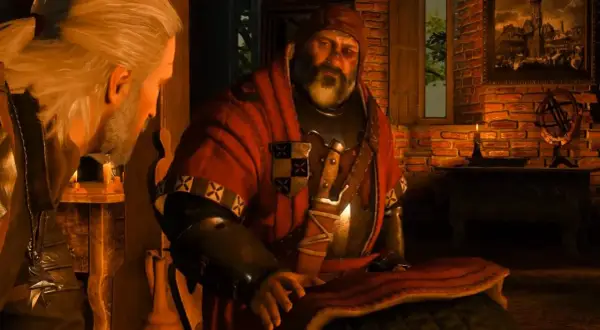 Geralt rozmawia z brodatym mężczyzną w czerwonej szacie. To ważne w Wiedźmin 3 sprawy rodzinne.