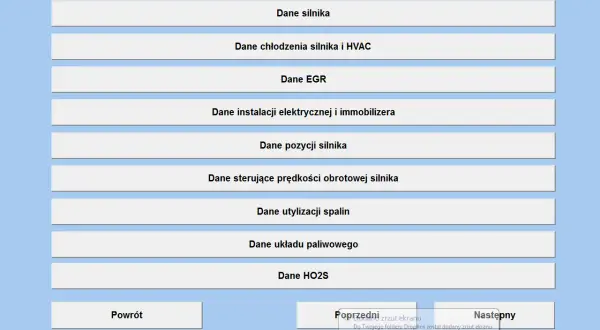 Ekran programu OP-COM do diagnostyki Opla, wyświetla listę grup pomiarowych: dane silnika, chłodzenia, EGR, instalacji elektrycznej, pozycji silnika, prędkości obrotowej, utylizacji spalin, układu paliwowego i HO2S.