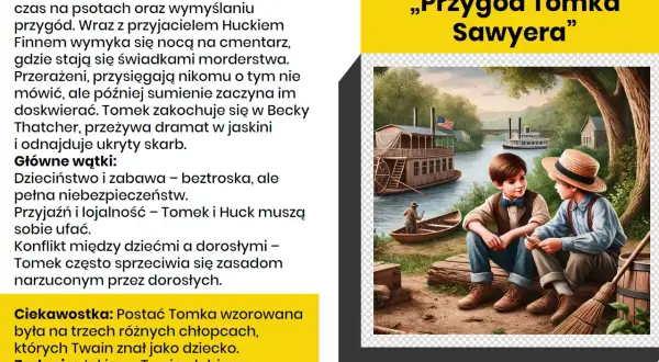 Dwaj chłopcy, Tomek i Huck, siedzą nad rzeką. To streszczenie „Przygód Tomka Sawyera” opisuje ich pełne przygód życie.