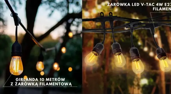 Girlanda 10 metrów z żarówką filamentową na zewnątrz. Ciepłe światło tworzy magiczny nastrój.