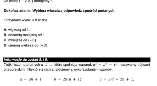 Fragment zadania z matematyki z pytaniem o liczbę i wzorami na trójki pitagorejskie.